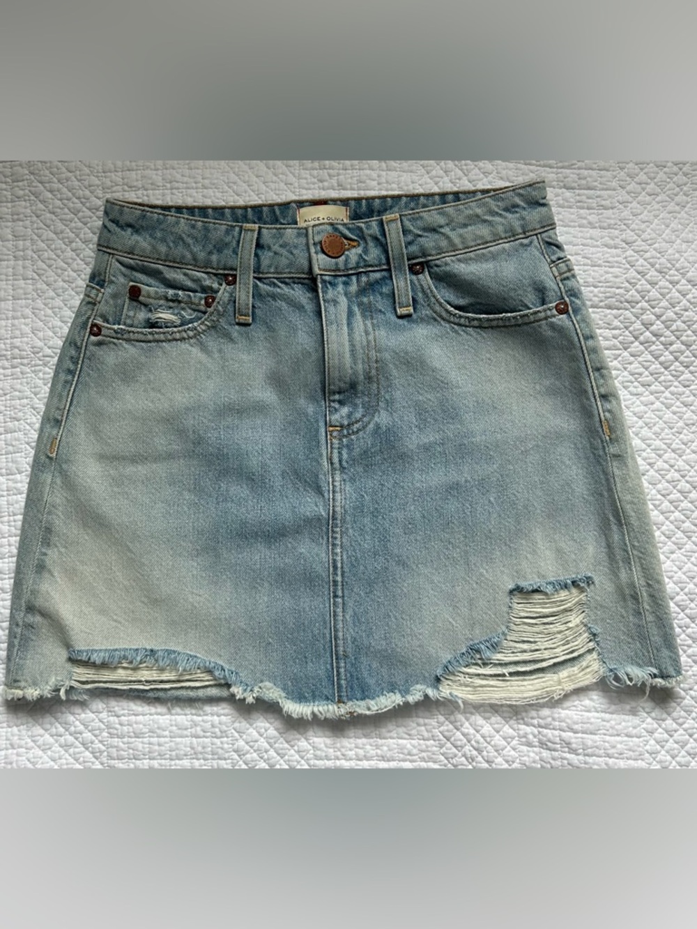Alice + Olivia Light Blue Distressed Denim Mini Skirt